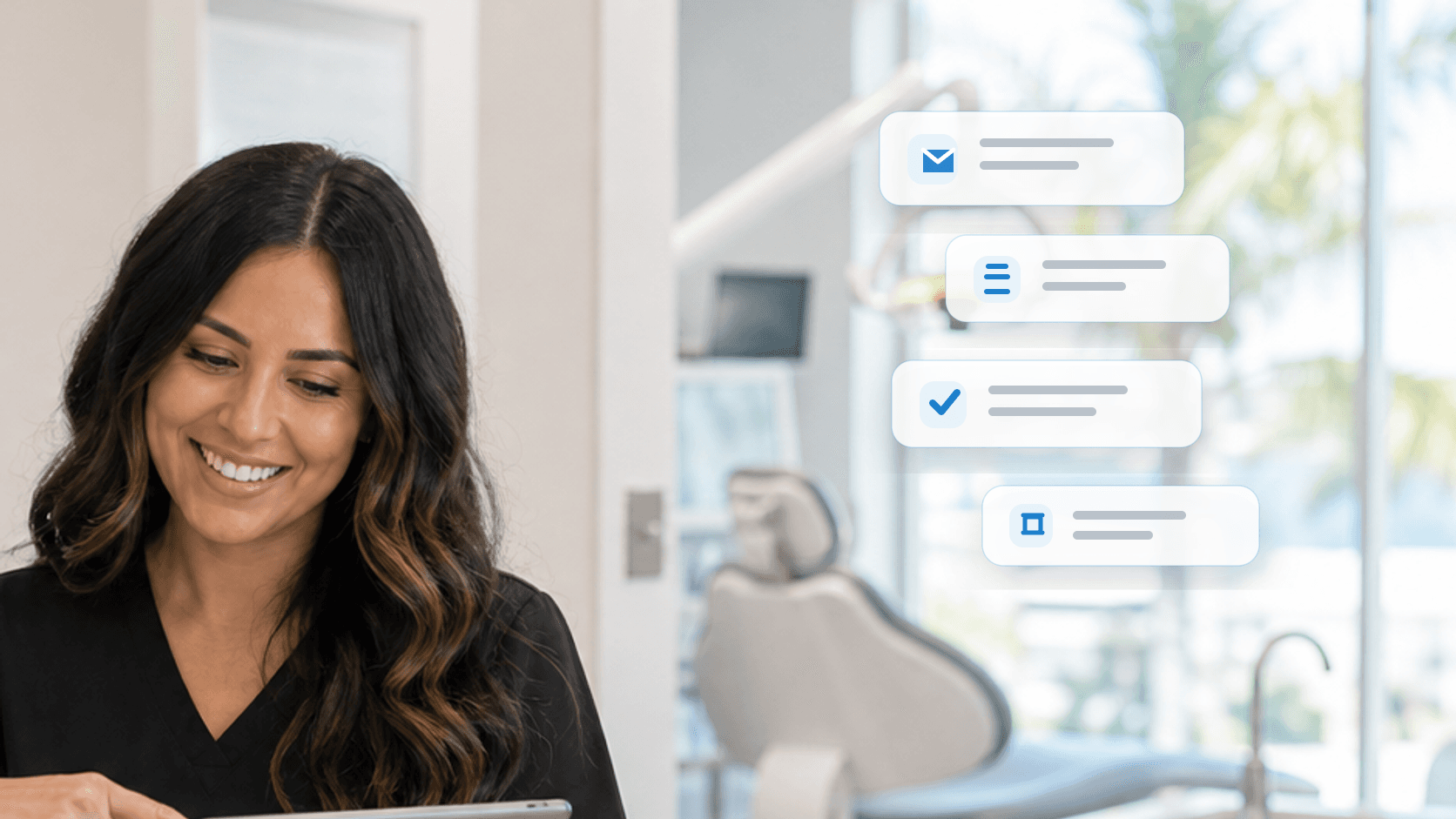 Medical office team member reviewing follow-up messages on a tablet in a modern practice.