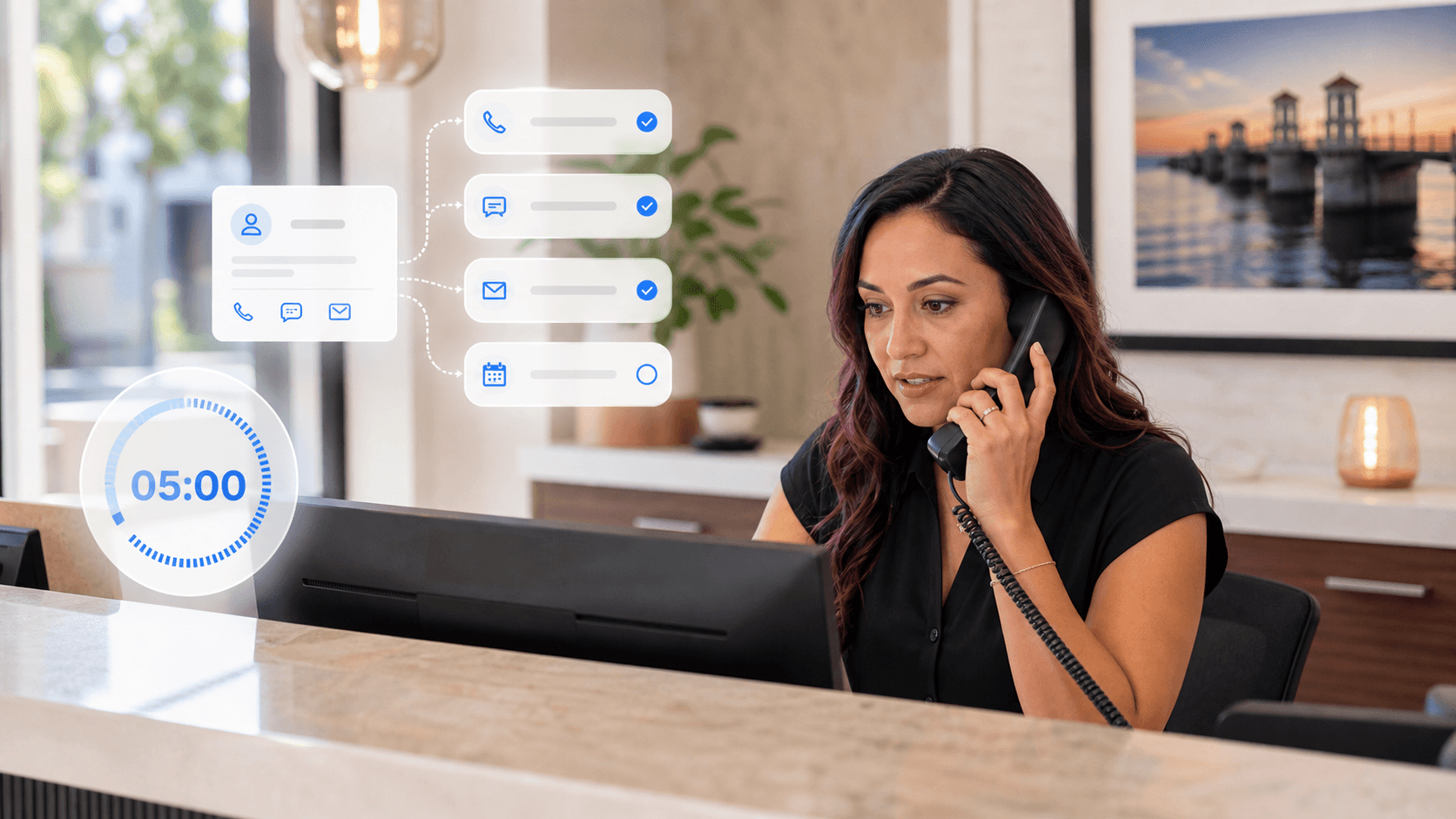 Front desk coordinator answering a customer phone call in a modern local office.