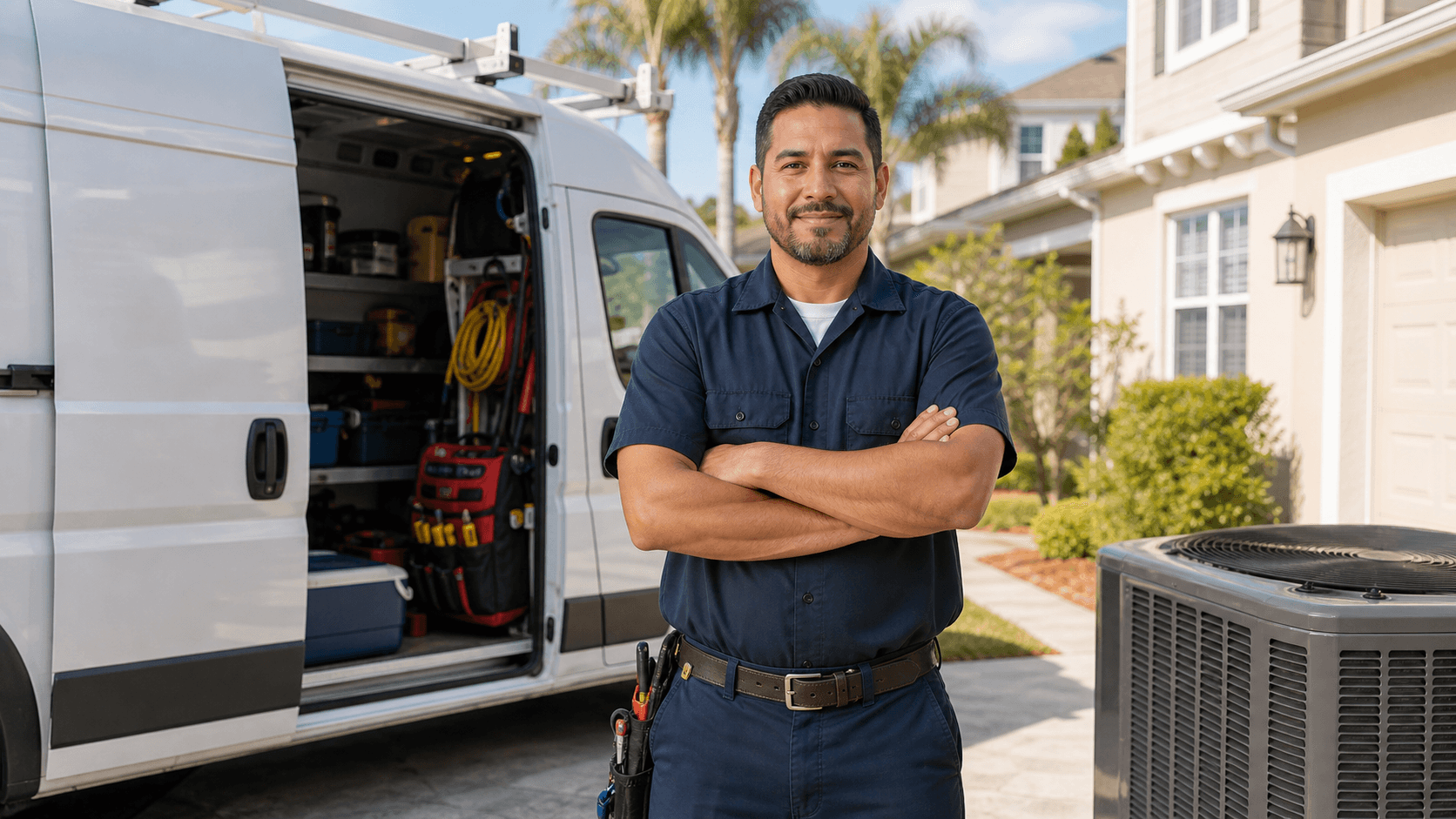 Latino home service business owner standing by a service van and HVAC equipment.