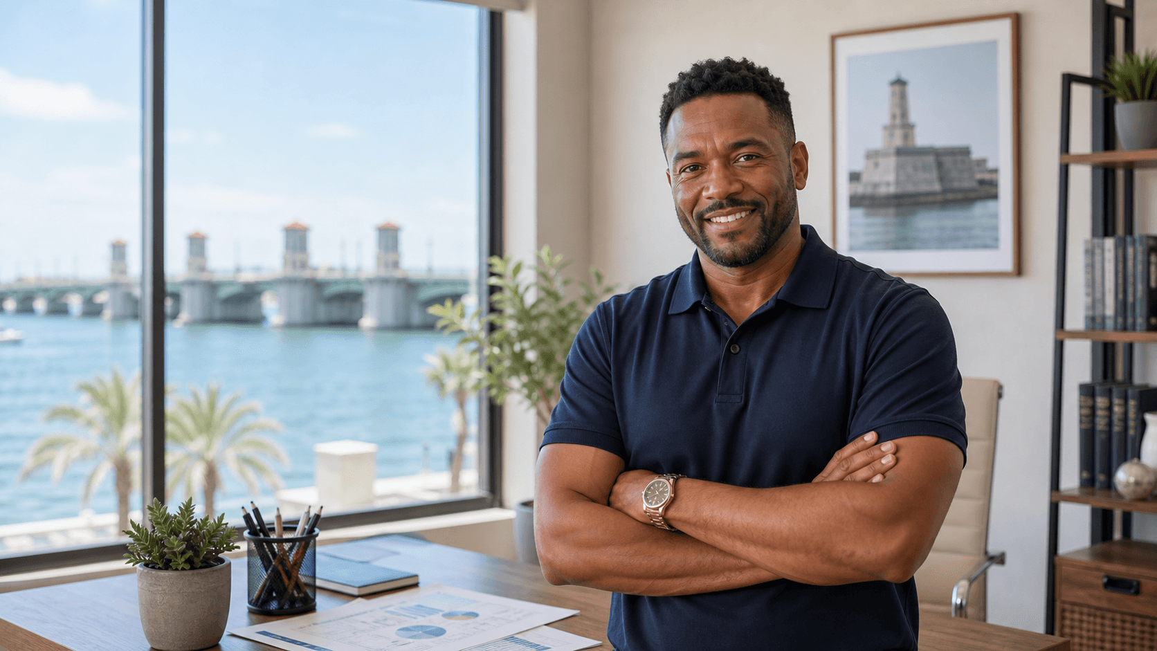 St. Johns County business owner smiling in a bright coastal workspace.